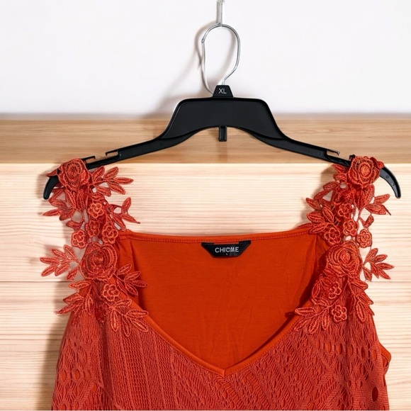Chicme Orange Lace Tank Top Size Large Floral Shoulder Lined Flowy Summer V-Neck - Picture 5 of 5